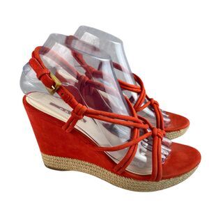 Prada Women’s Espadrille Wedge Sandals EU 38.5 US 8 Red‑Orange Suede Strappy